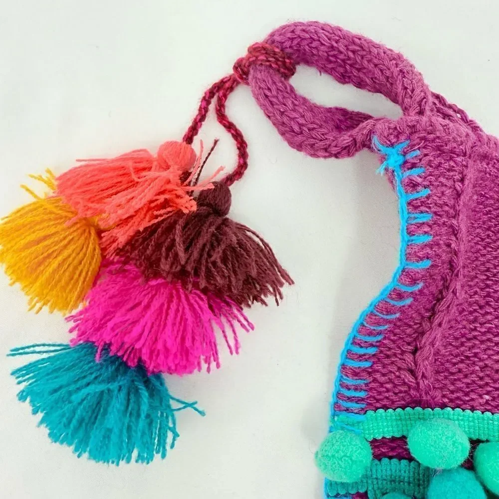 Natural Life Set of 3 Boho Christmas Stockings Purple Cable Knit PomPom Trim
